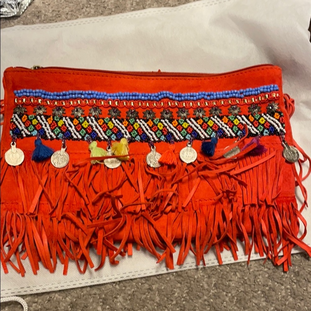 Larettamia orange suede beaded clutch with fringe